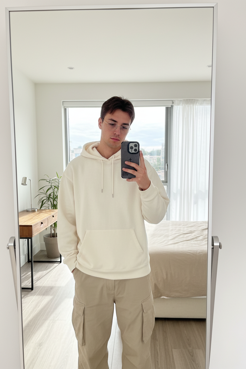 Male model in hoodie and glasses taking mirror selfie with Cross Bible Verse iPhone case